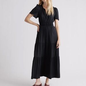 Quince Washable Stretch Silk Tiered Maxi Dress Small Black